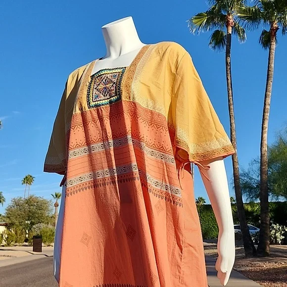 EGYPT Kaftan Maxi Dress XL Nightgown Batik Embroidered Egyptian Loungewear - Picture 6 of 15